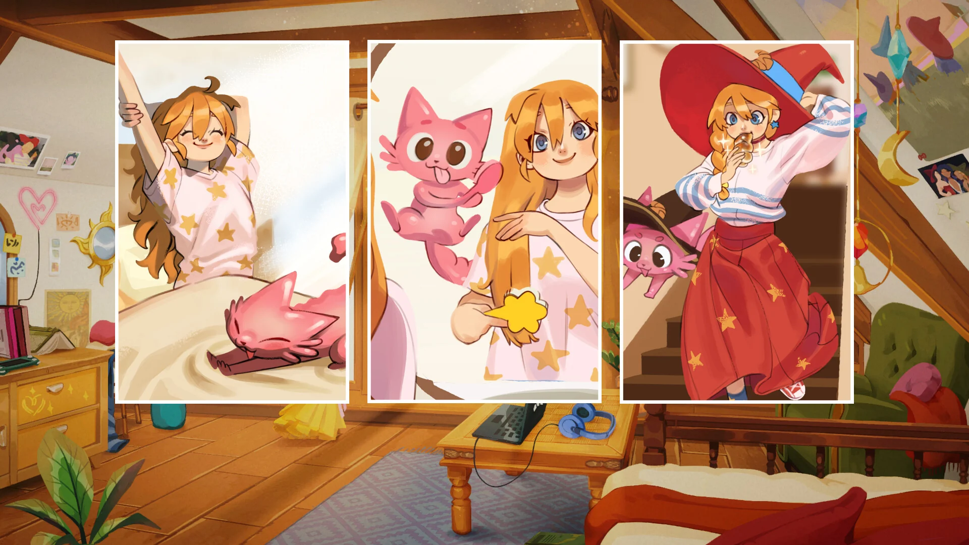 Lunne stretching in a star-print shirt, holding Orio, and eating a pastry on the attic stairs in The Witch's Bakery.