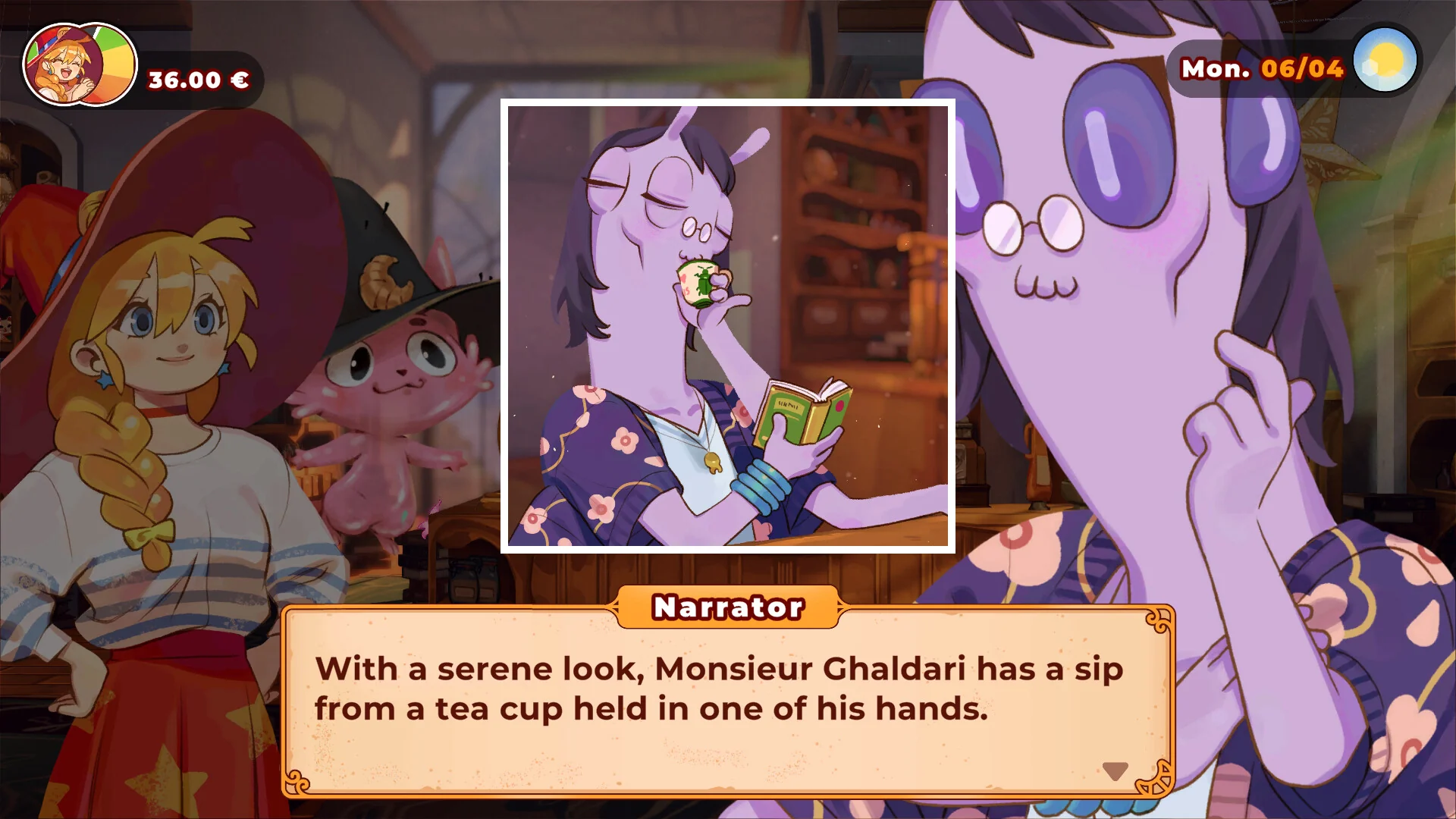Monsieur Ghaldari sipping tea beside Lunne and Orio, with the narrator box naming him.