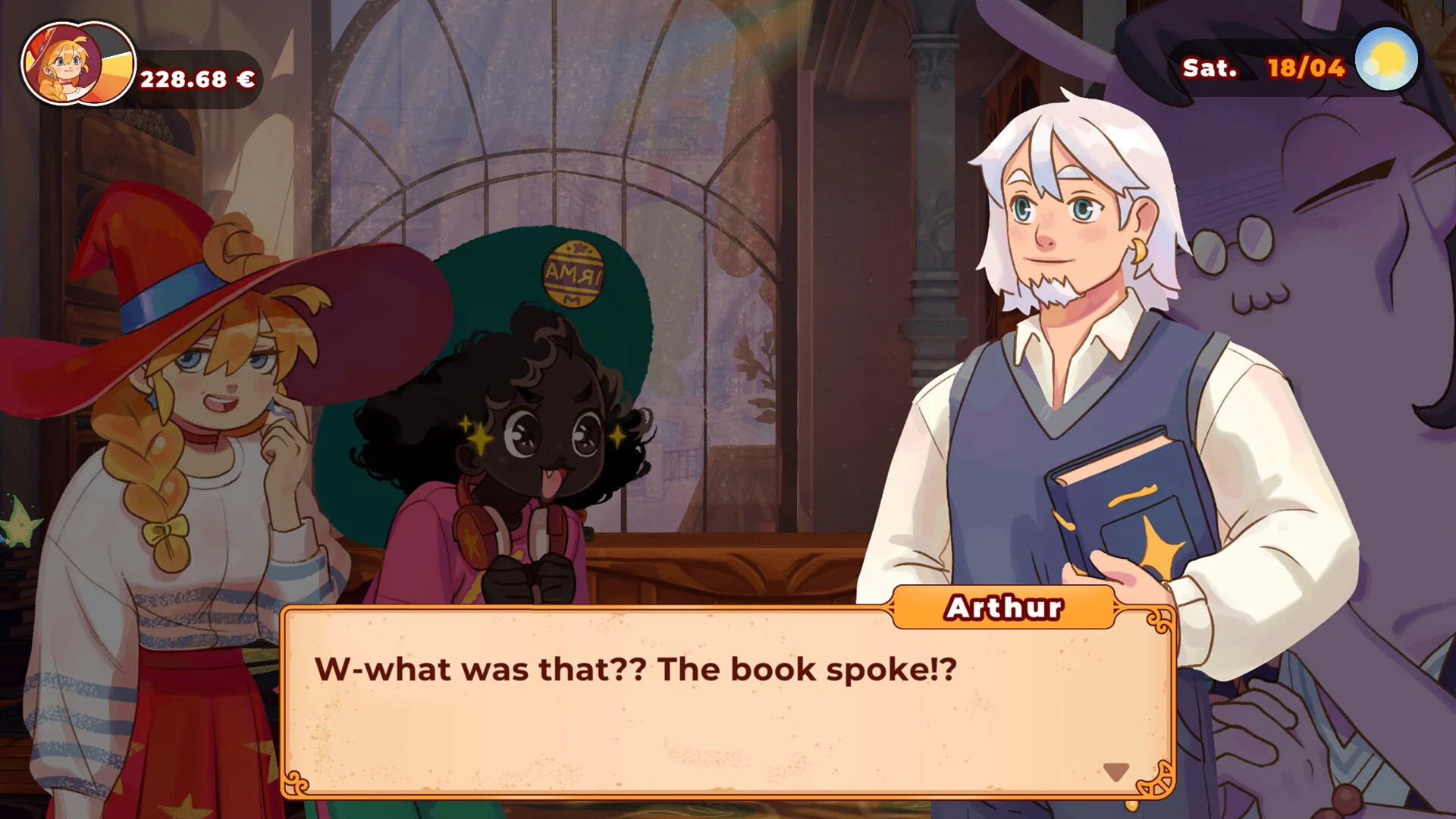 Arthur holding a star-marked book next to a girl in an IRMA cap, with Monsieur Ghaldari behind them.