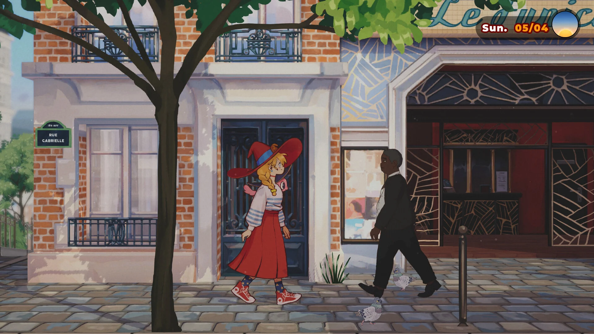 Lunne walking on Rue Gabrielle with Orio on her shoulder, past a brick building and a suited pedestrian.